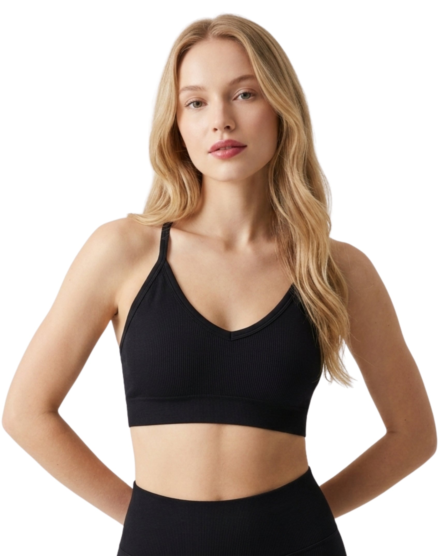 Conjunto deportivo acanalado legging sin push up + top tirante cruzado en espalda