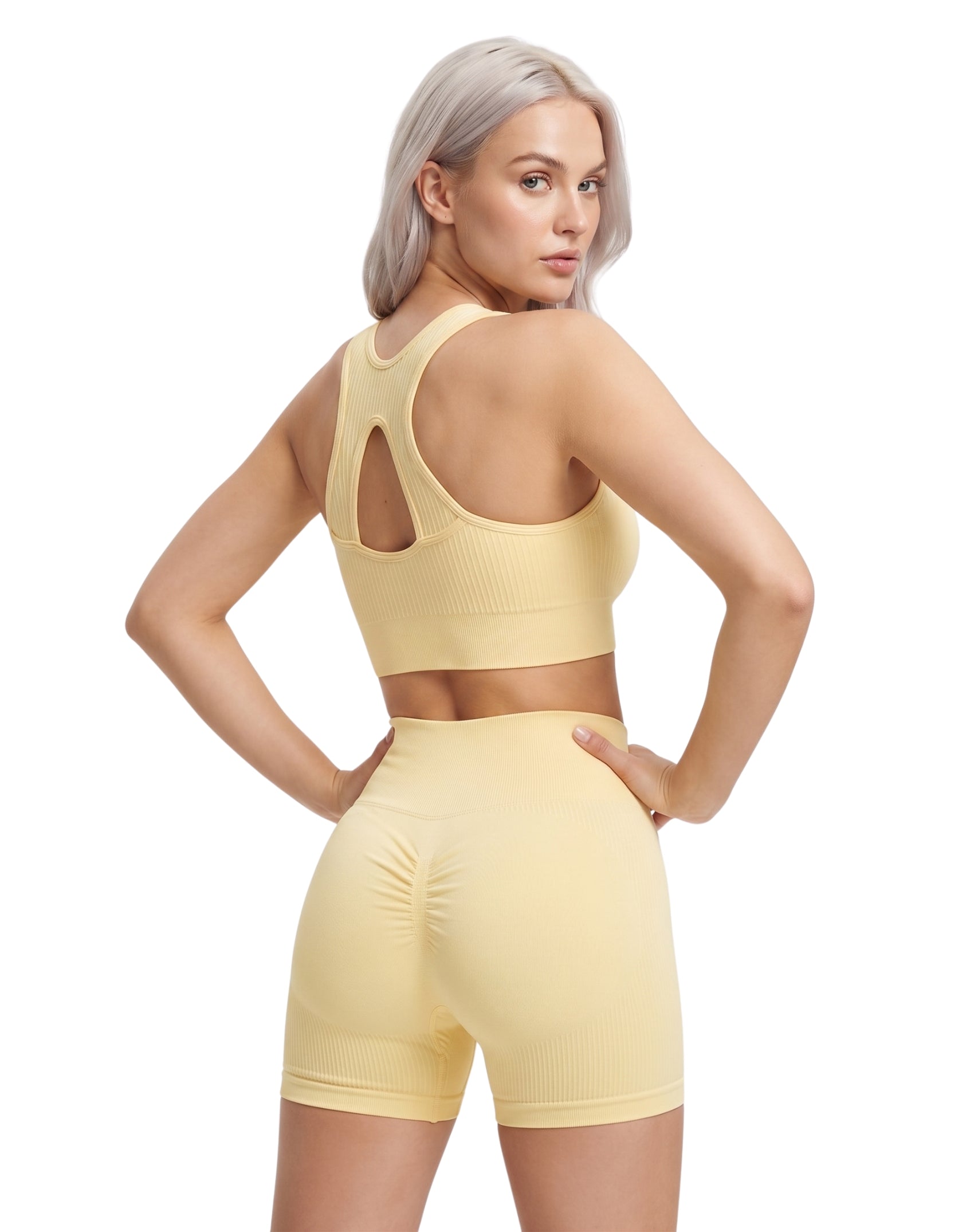 Conjunto acanalado short con push up + top olímpico con escote
