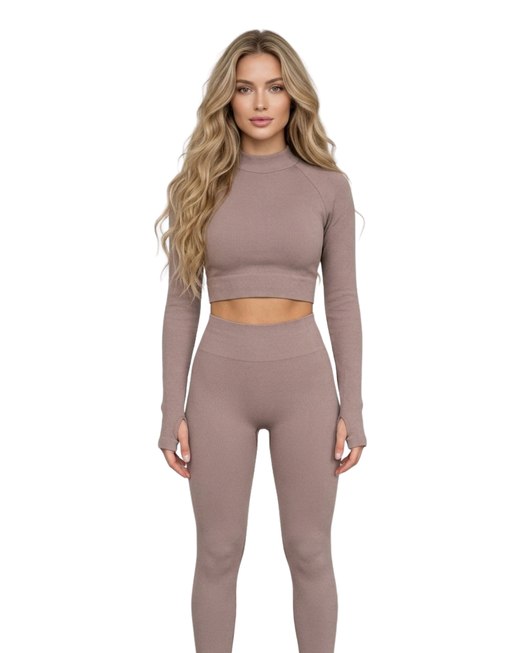 Conjunto canalé legging sin push up + crop top manga larga con abertura en pulgares