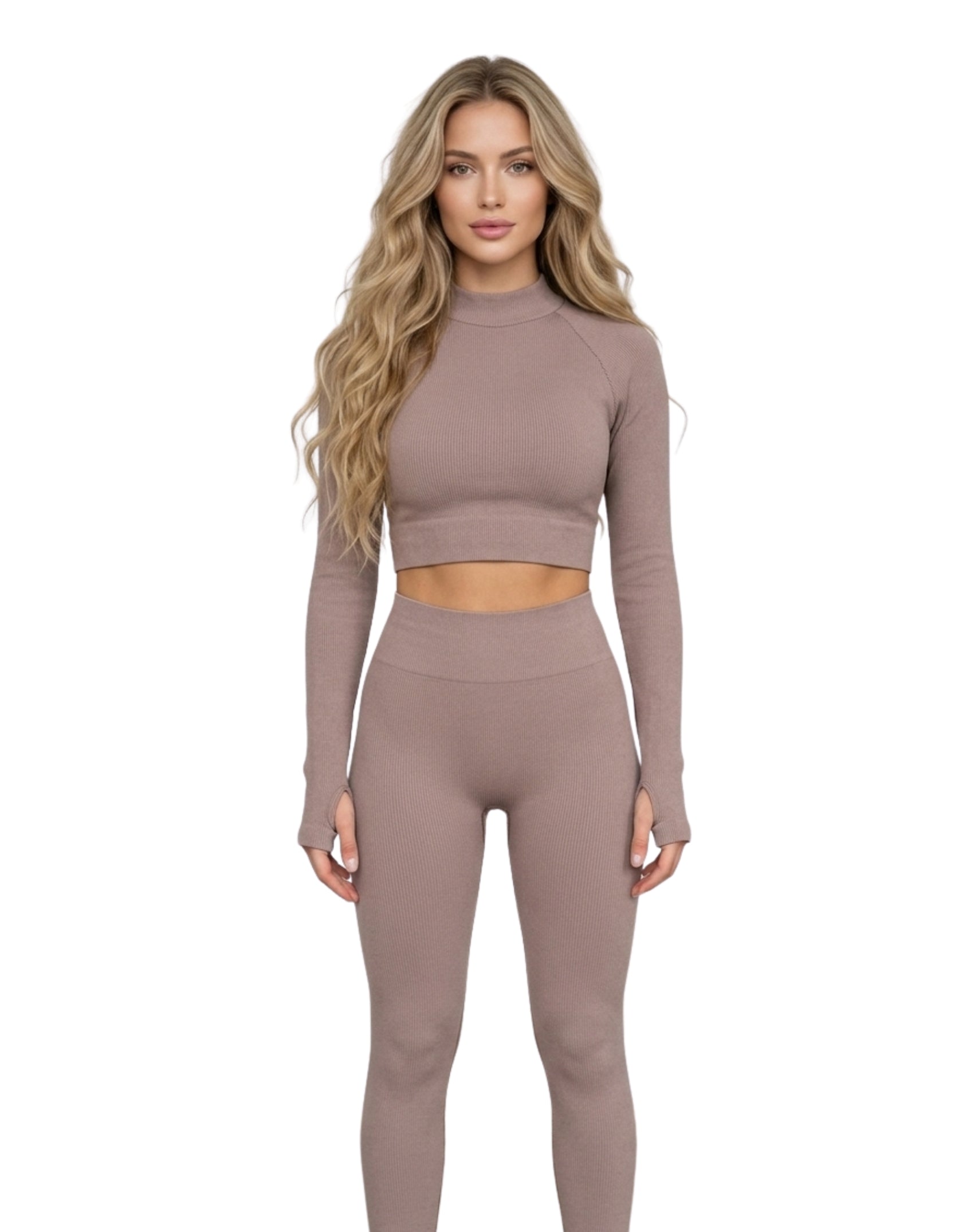 Conjunto canalé legging sin push up + crop top manga larga con abertura en pulgares
