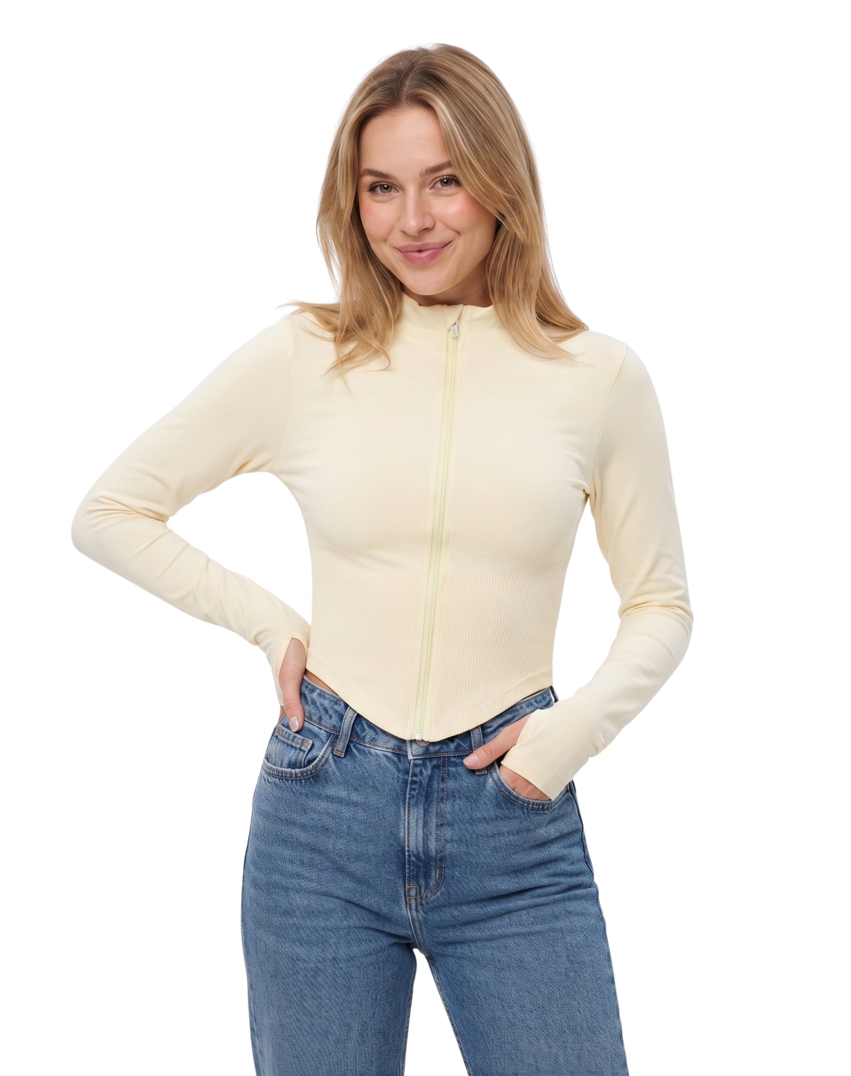 Chamarra manga larga con bastilla tipo corset